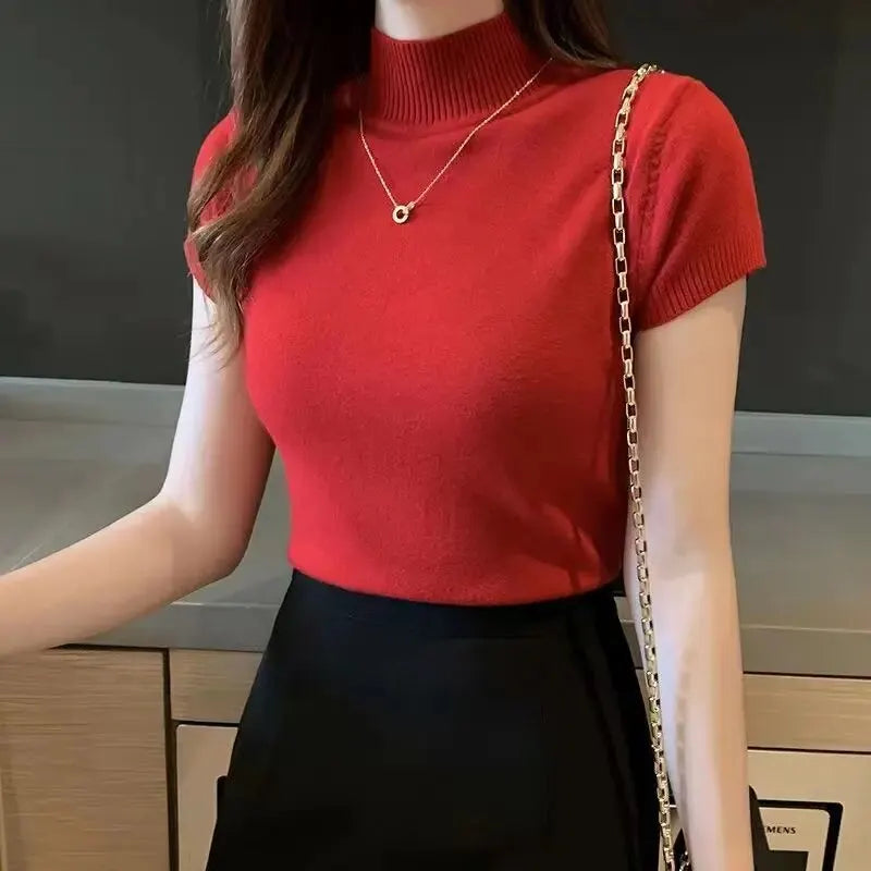 Fashion Woman Blouses Short Sleeve Summer Tops Blouse Women Turtleneck Knitted Blouse Shirt Women Tops Blouses