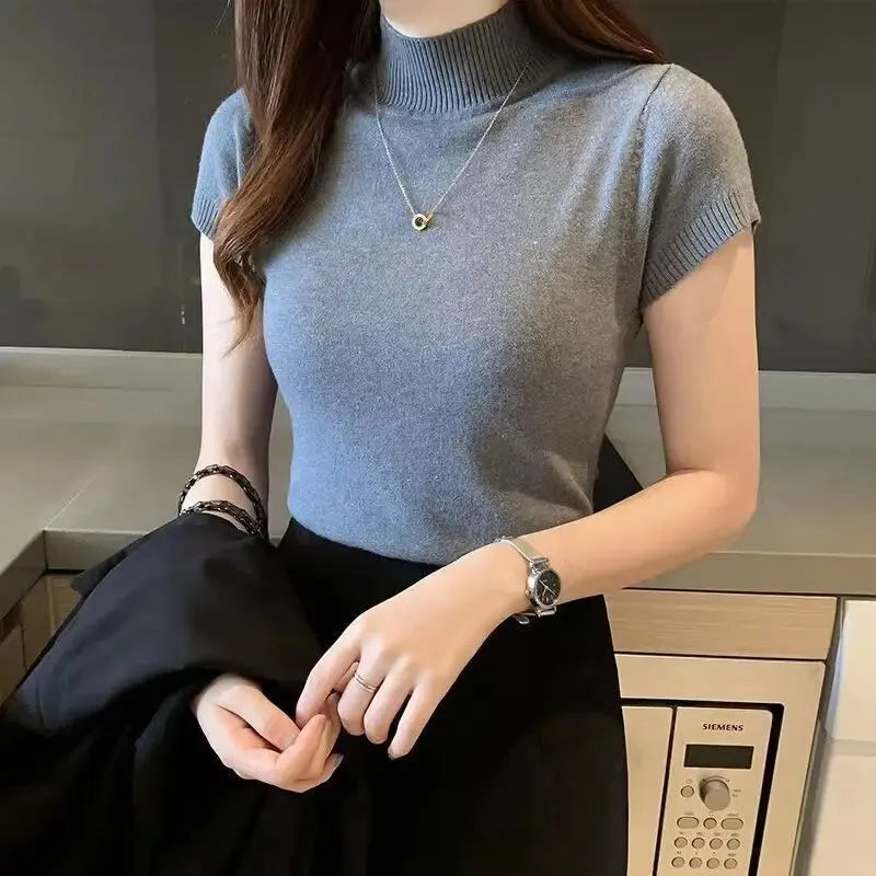 Fashion Woman Blouses Short Sleeve Summer Tops Blouse Women Turtleneck Knitted Blouse Shirt Women Tops Blouses