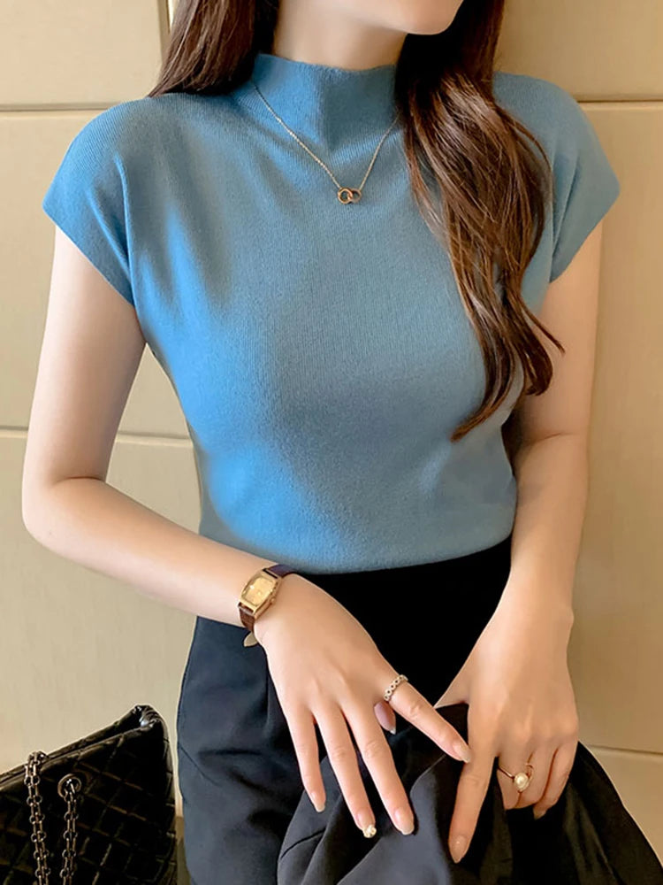 Fashion Woman Blouses Short Sleeve Summer Tops Blouse Women Turtleneck Knitted Blouse Shirt Women Tops Blouses