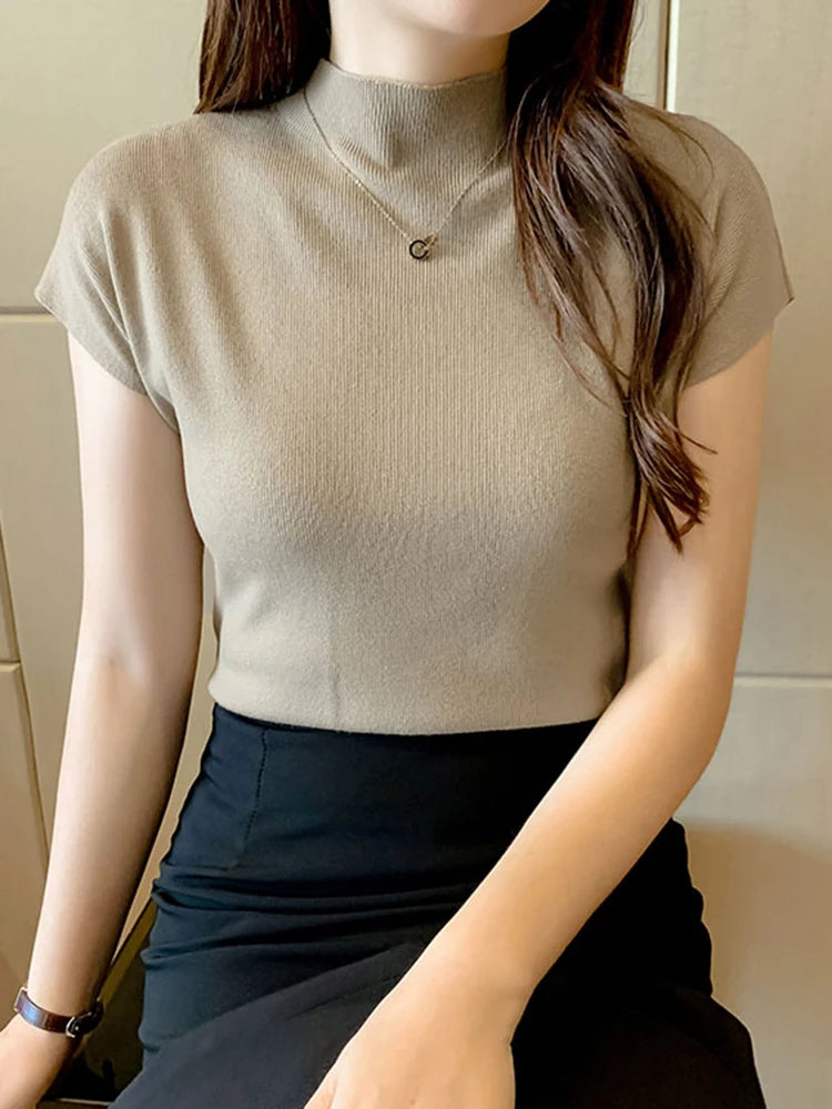 Fashion Woman Blouses Short Sleeve Summer Tops Blouse Women Turtleneck Knitted Blouse Shirt Women Tops Blouses