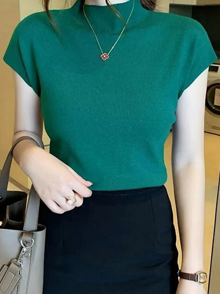 Fashion Woman Blouses Short Sleeve Summer Tops Blouse Women Turtleneck Knitted Blouse Shirt Women Tops Blouses