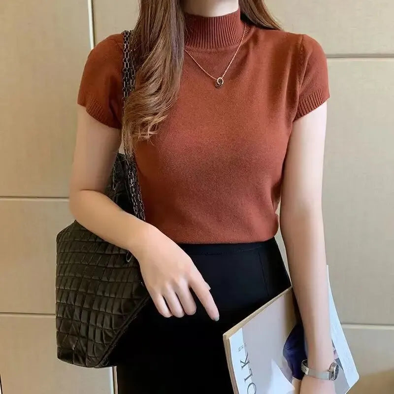 Fashion Woman Blouses Short Sleeve Summer Tops Blouse Women Turtleneck Knitted Blouse Shirt Women Tops Blouses