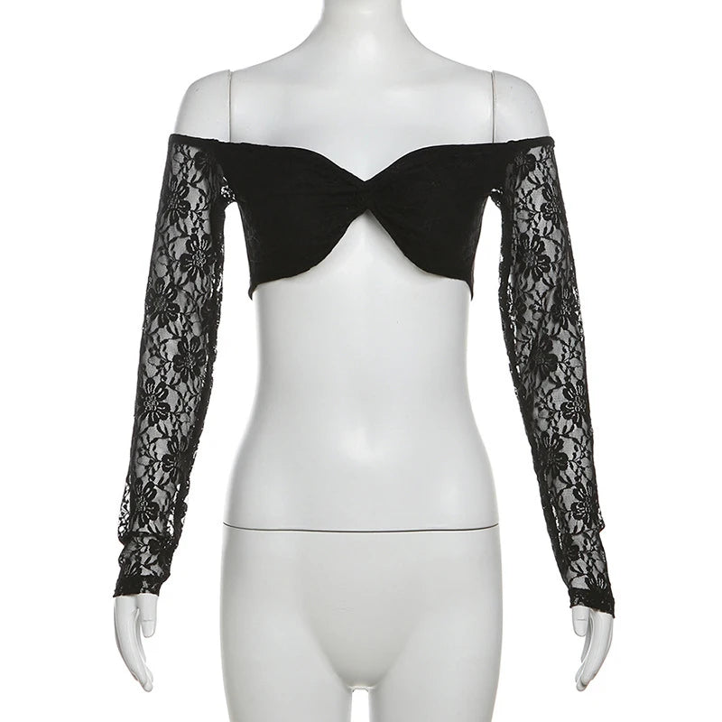 Lace Floral Top y2k Clothes Women Off Shoulder V Neck Long Sleeve Cropped T Shirt 2000s Fairycore Clothing Streetwear