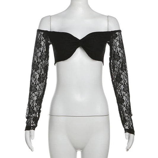 Lace Floral Top y2k Clothes Women Off Shoulder V Neck Long Sleeve Cropped T Shirt 2000s Fairycore Clothing Streetwear