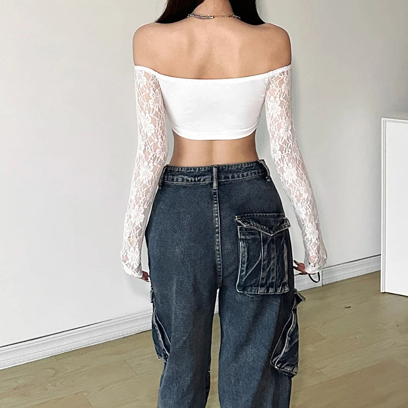Lace Floral Top y2k Clothes Women Off Shoulder V Neck Long Sleeve Cropped T Shirt 2000s Fairycore Clothing Streetwear