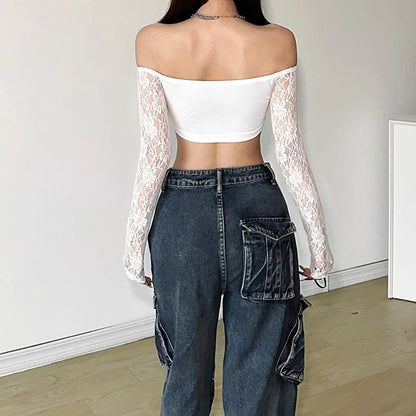 Lace Floral Top y2k Clothes Women Off Shoulder V Neck Long Sleeve Cropped T Shirt 2000s Fairycore Clothing Streetwear