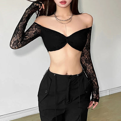 Lace Floral Top y2k Clothes Women Off Shoulder V Neck Long Sleeve Cropped T Shirt 2000s Fairycore Clothing Streetwear