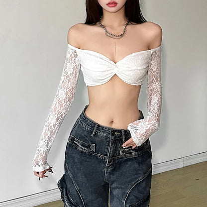 Lace Floral Top y2k Clothes Women Off Shoulder V Neck Long Sleeve Cropped T Shirt 2000s Fairycore Clothing Streetwear