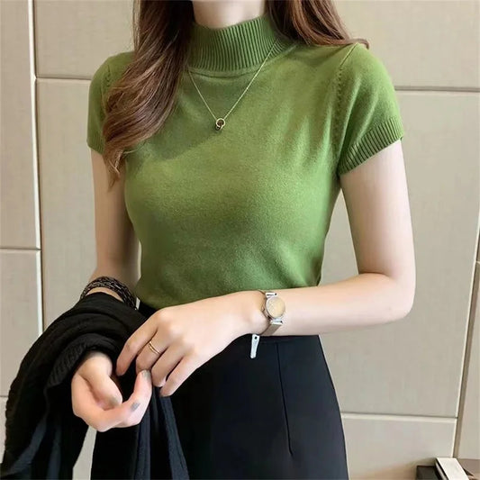 Fashion Woman Blouses Short Sleeve Summer Tops Blouse Women Turtleneck Knitted Blouse Shirt Women Tops Blouses