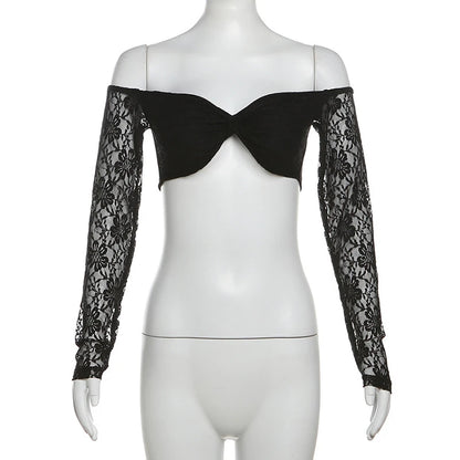 Lace Floral Top y2k Clothes Women Off Shoulder V Neck Long Sleeve Cropped T Shirt 2000s Fairycore Clothing Streetwear