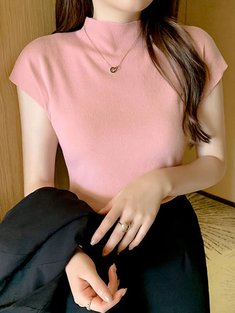 Fashion Woman Blouses Short Sleeve Summer Tops Blouse Women Turtleneck Knitted Blouse Shirt Women Tops Blouses