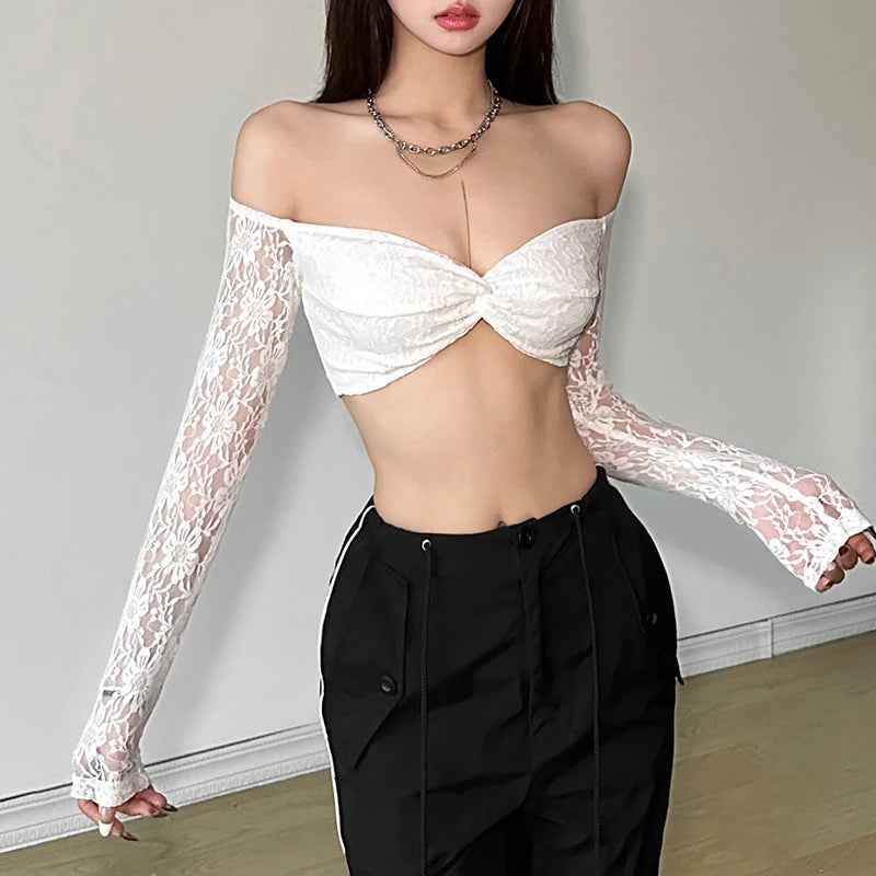 Lace Floral Top y2k Clothes Women Off Shoulder V Neck Long Sleeve Cropped T Shirt 2000s Fairycore Clothing Streetwear